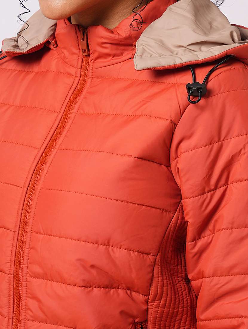 globus women rust mock neck with attached hoodie zip closure reversible winter wear puffer jacket - 21579943 -  Standard Image - 5