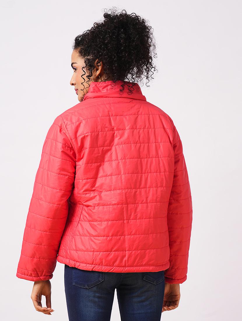 globus women red mock neck with attached hoodie zip closure reversible winter wear puffer jacket - 21579948 - Standard Image - 3