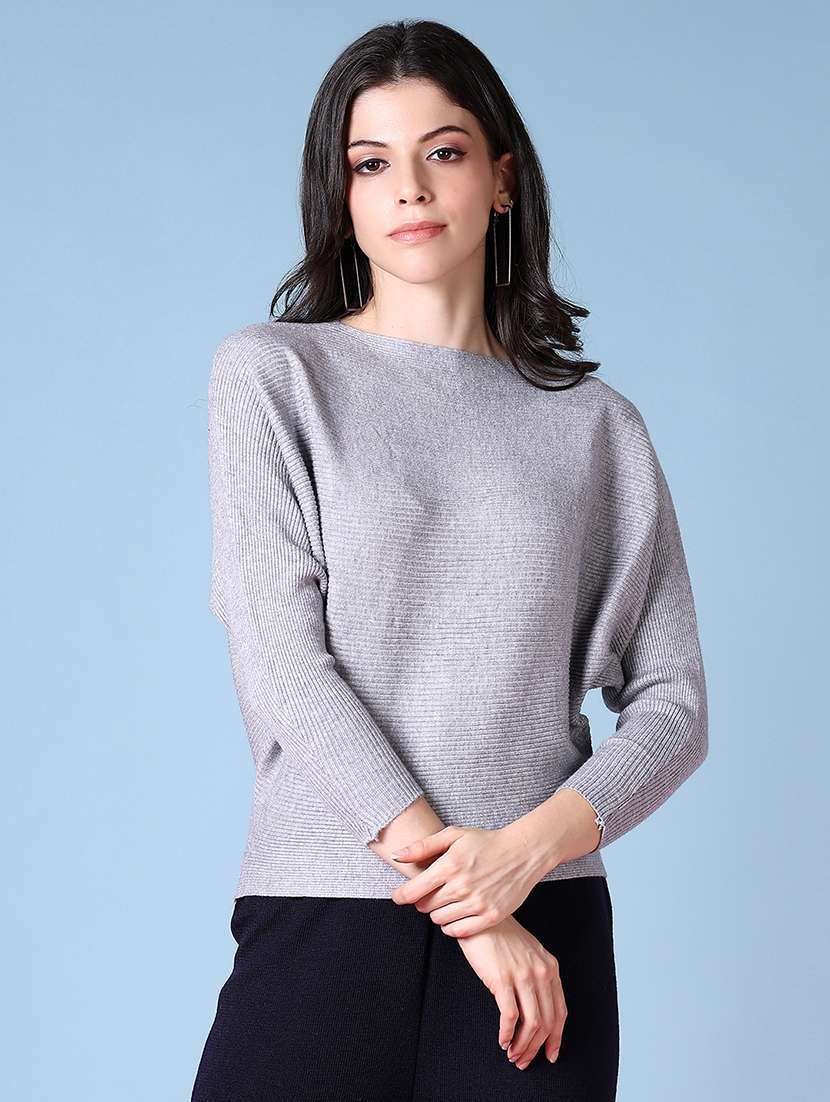 women grey solid long sleeve pullover