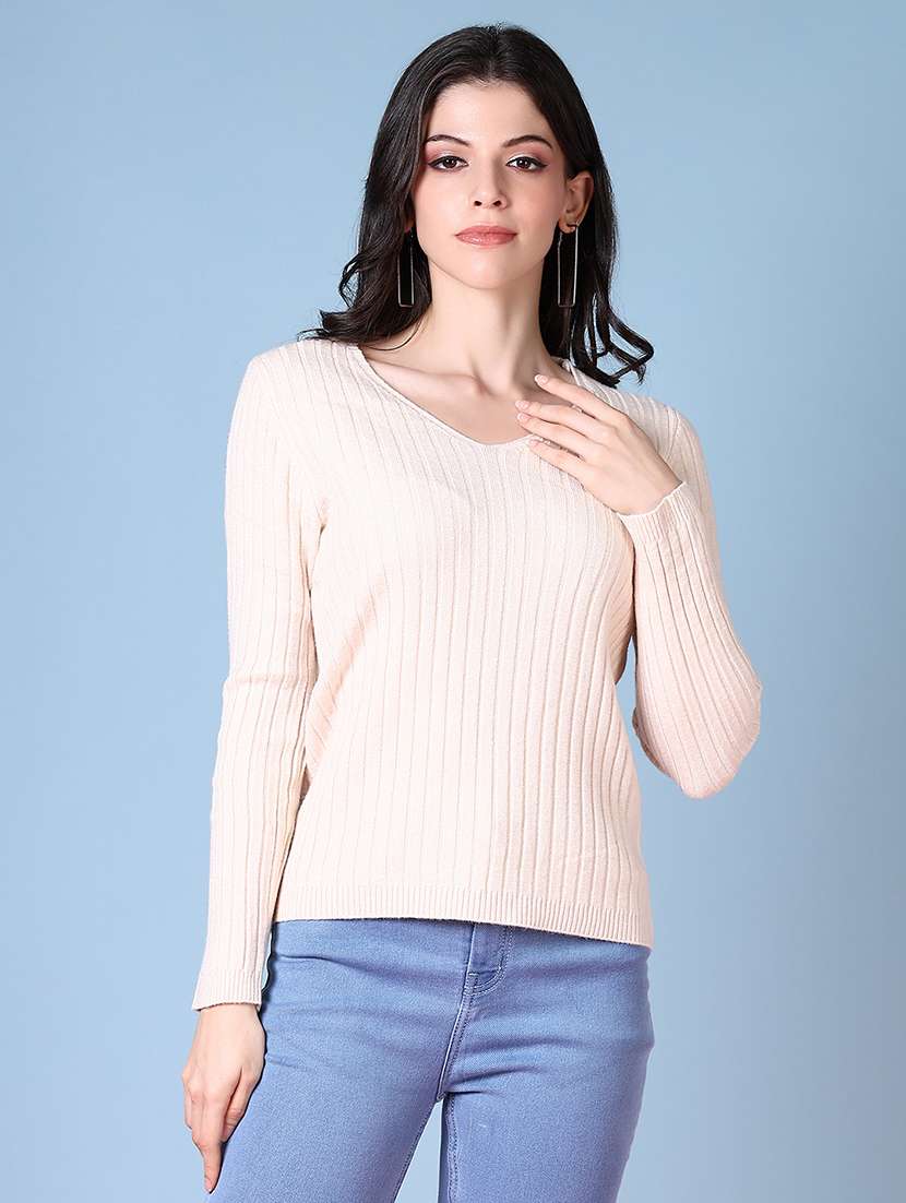 women off-white solid long sleeve pullover