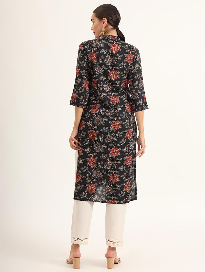 women floral three quarter sleeve straight kurta - 21580807 - Standard Image - 3
