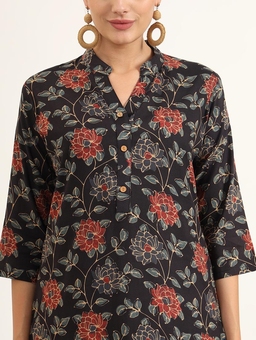 women floral three quarter sleeve straight kurta - 21580807 - Standard Image - 5