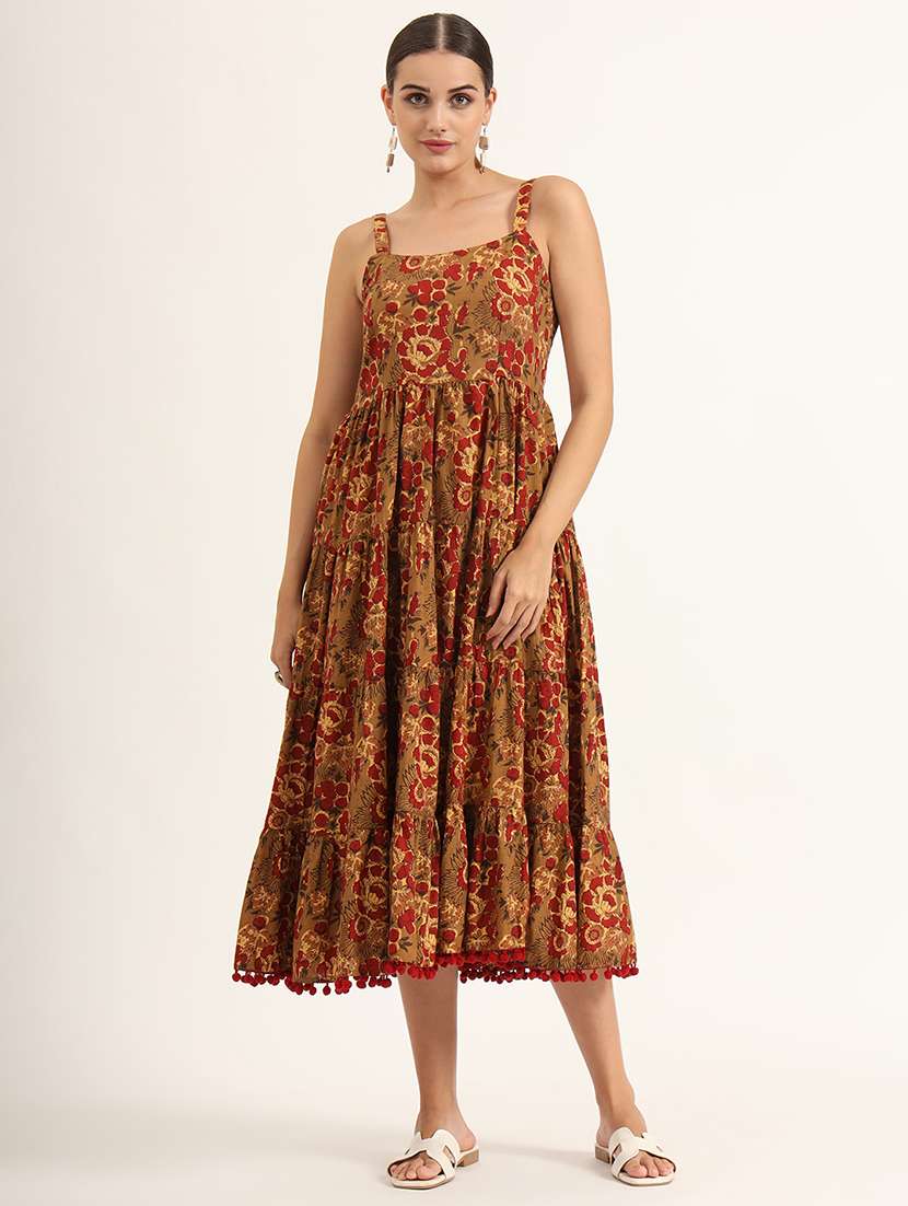 women brown floral tiered ethnic dress