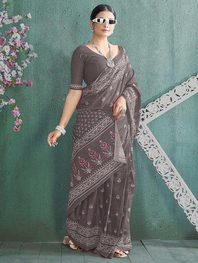 women grey floral printed saree with blouse - 21580843 -  Zoom Image - 0
