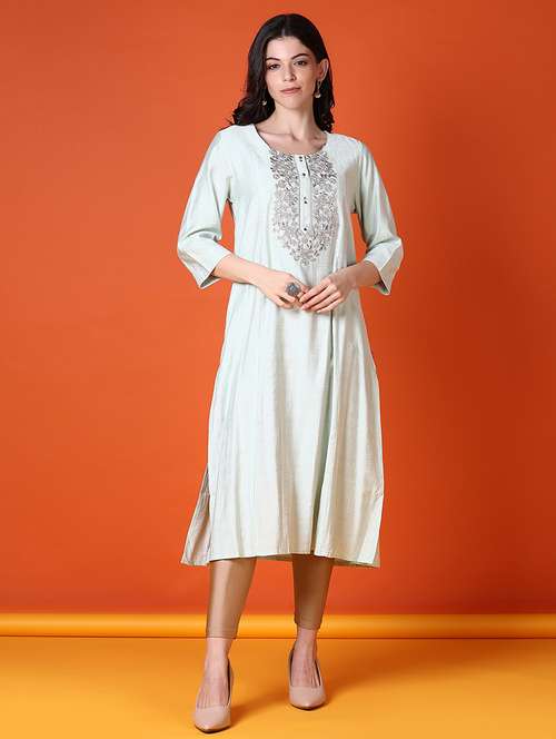 women embroidered three quarter sleeve a-line kurta