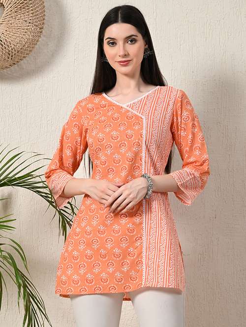 women three quarter sleeve angrakha kurti - 21581190 - Standard Image - 0