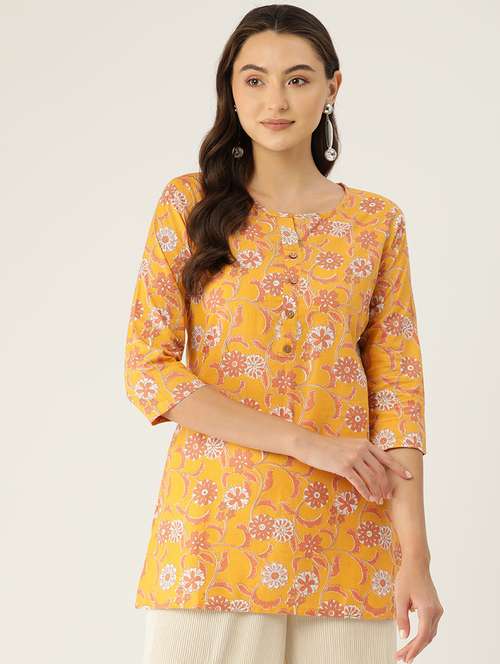 women floral printed three quarter sleeve short kurti - 21581202 - Standard Image - 0