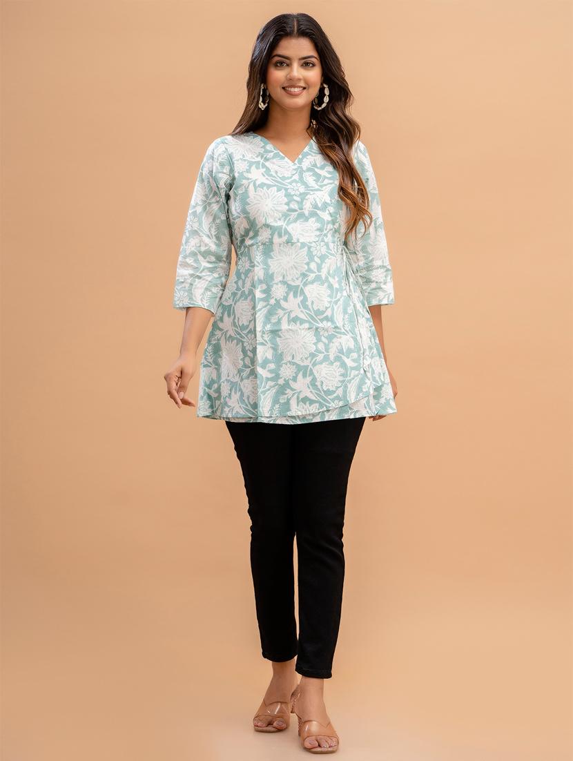women three quarter sleeve angrakha kurti - 21581329 - Standard Image - 3