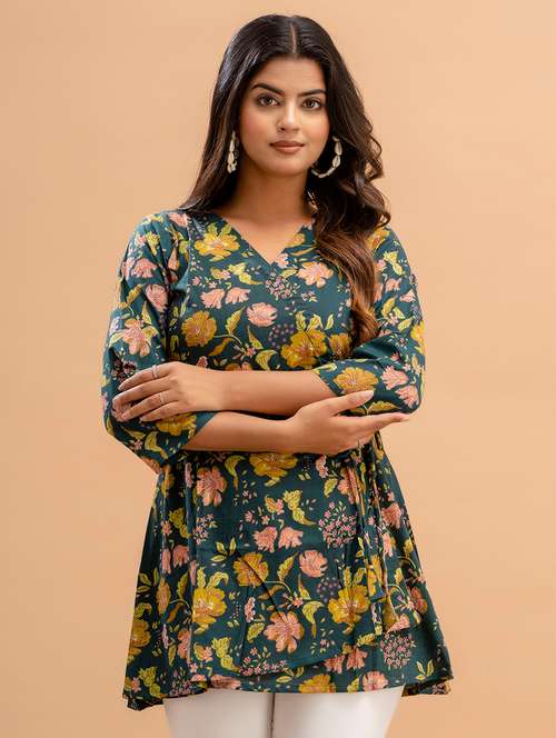 women printed three quarter sleeve angrakha kurti - 21581330 -  Standard Image - 0