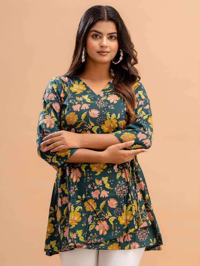 women printed three quarter sleeve angrakha kurti