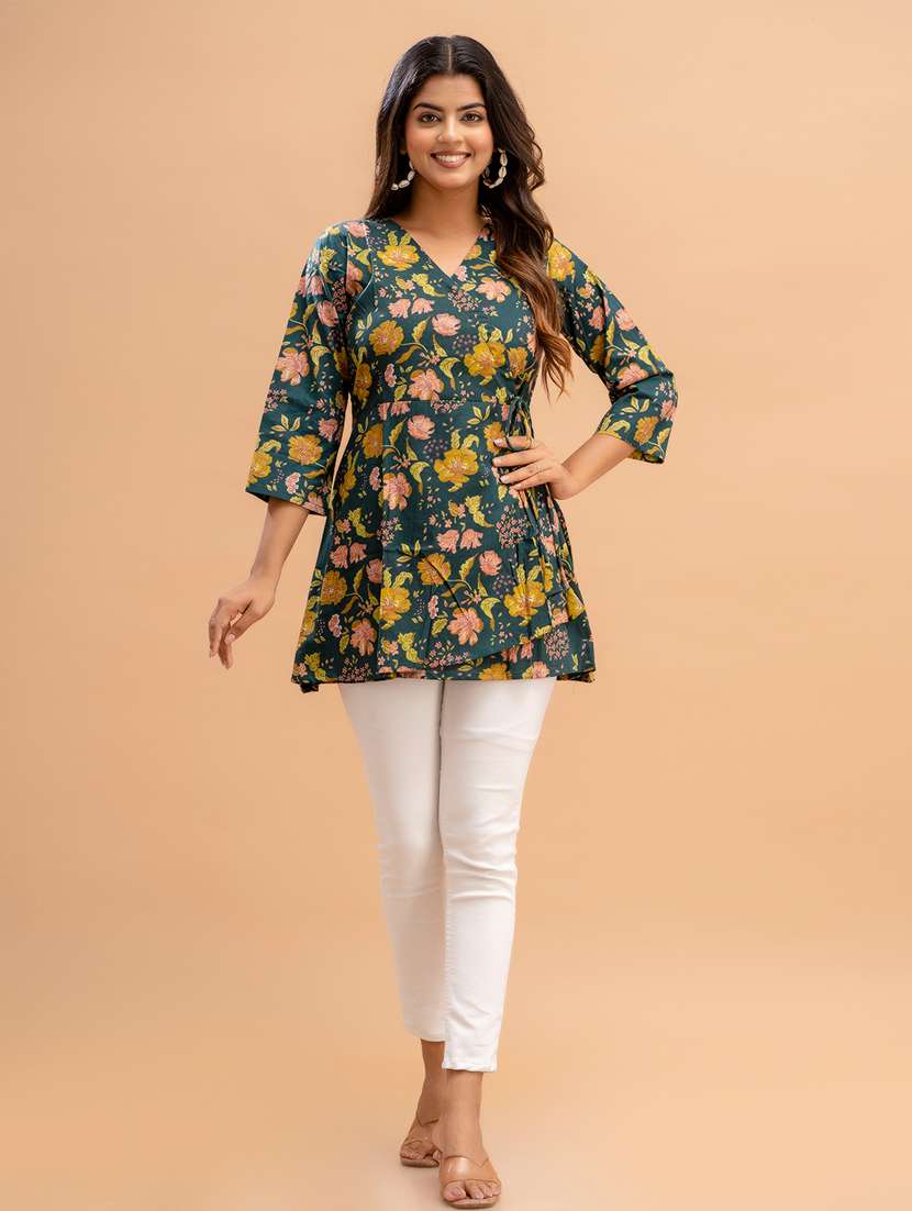 women printed three quarter sleeve angrakha kurti - 21581330 -  Standard Image - 3