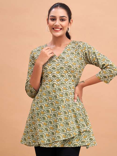women three quarter sleeve angrakha kurti - 21581336 - Standard Image - 0