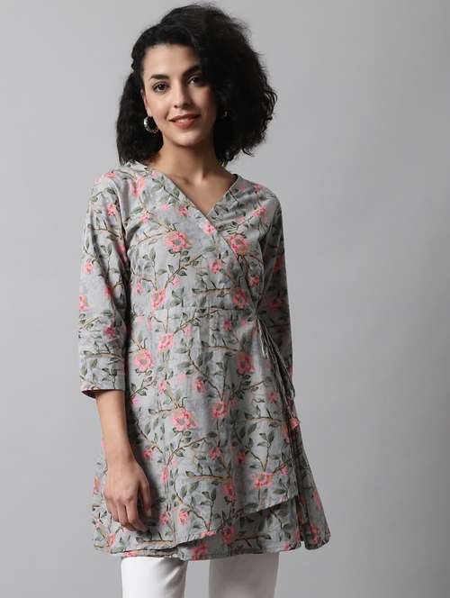 women printed three quarter sleeve angrakha kurti - 21581372 -  Standard Image - 0