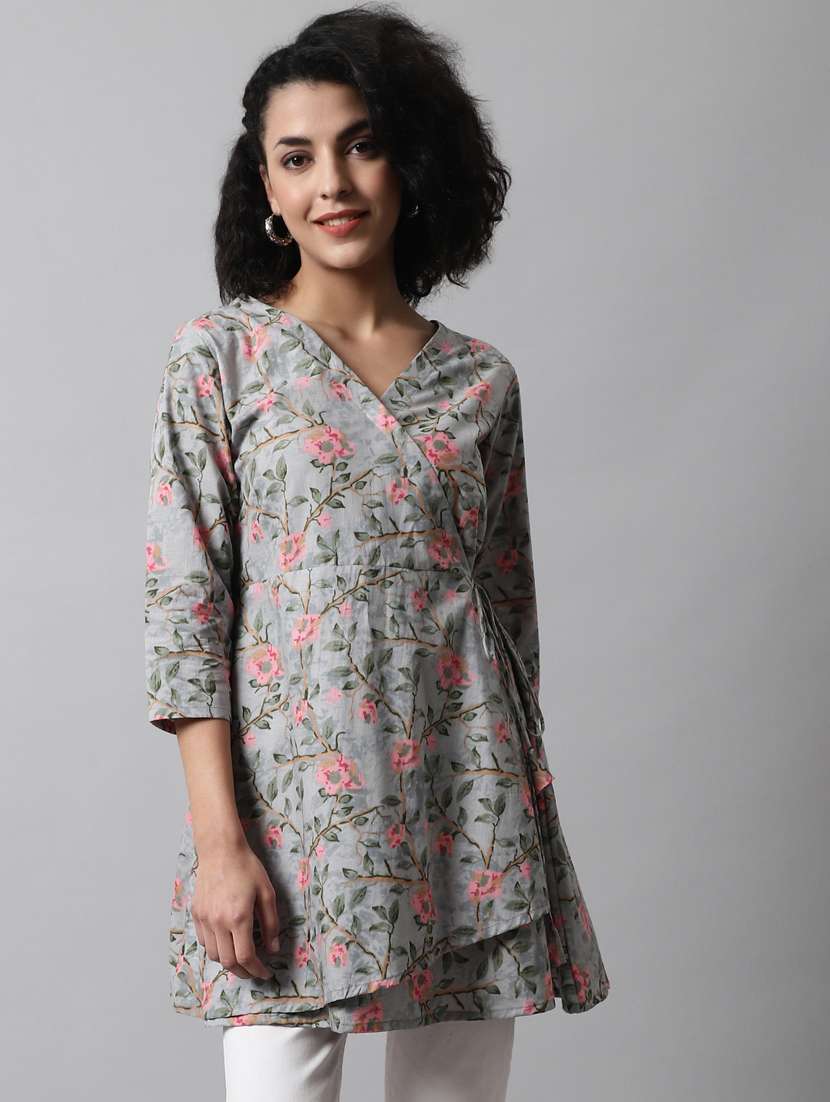 women printed three quarter sleeve angrakha kurti - 21581372 -  Zoom Image - 0