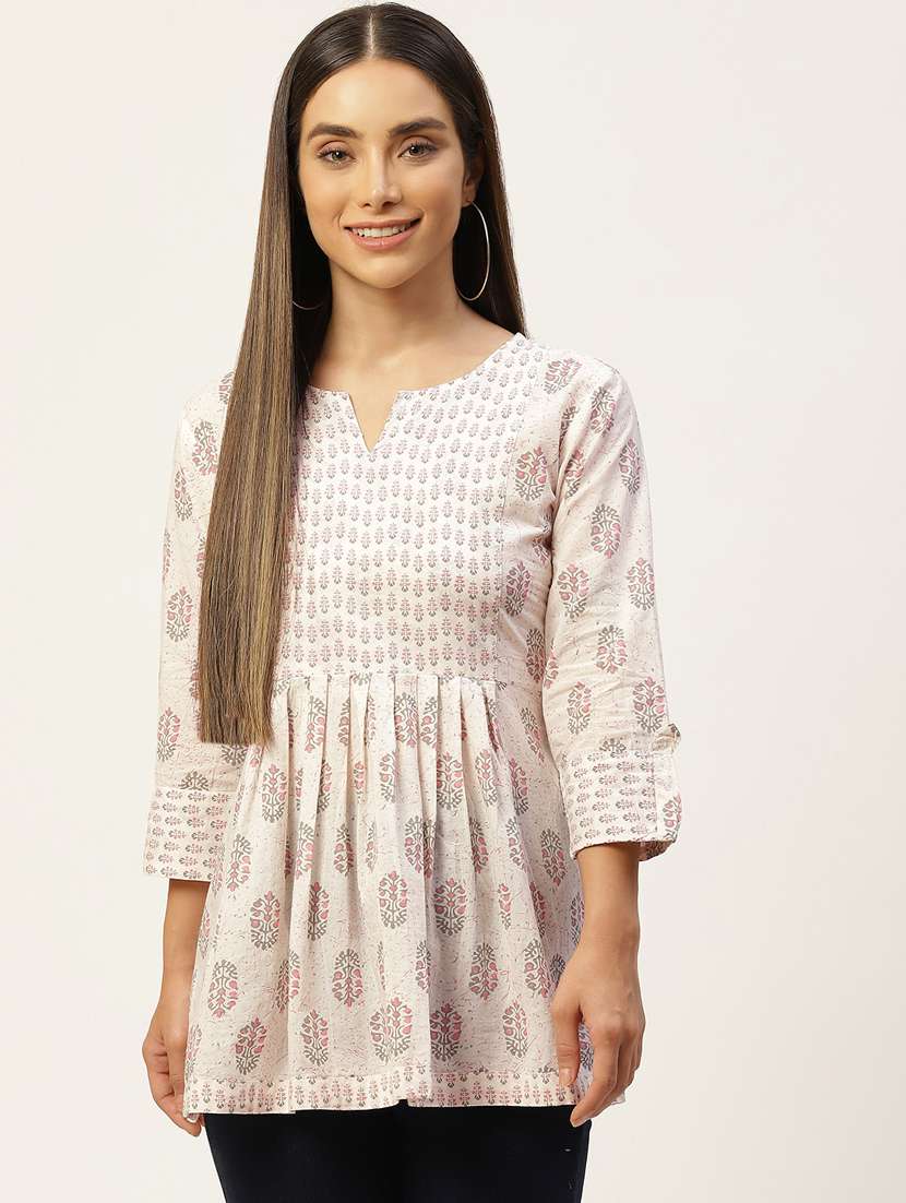 women printed three quarter sleeve short kurti