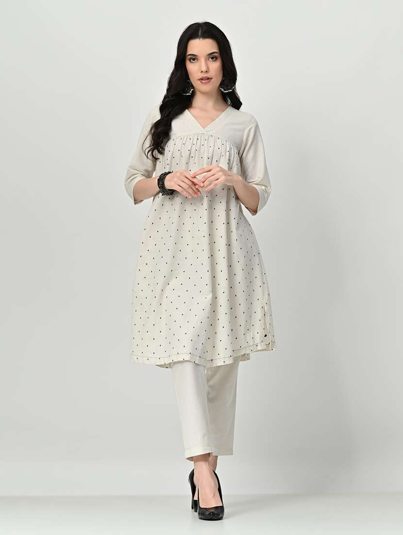 women off-white round neck kurta pant set - 21582198 - Zoom Image - 0
