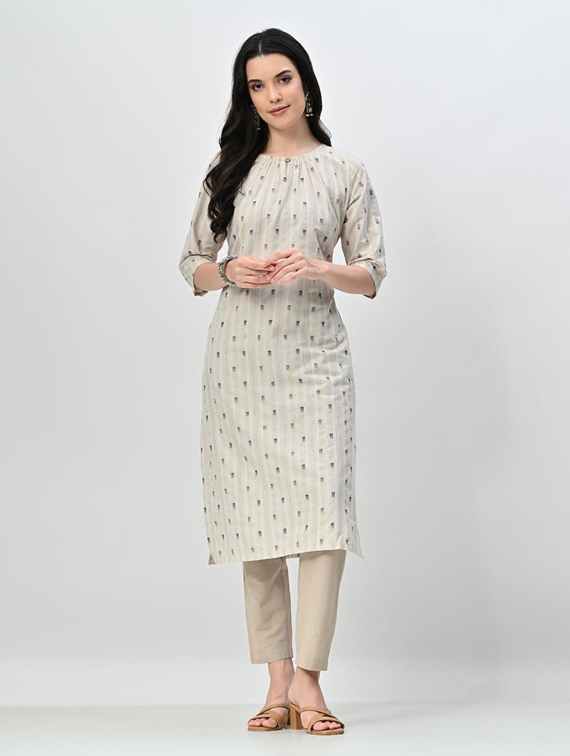 women beige self design kurta pant set - 21582199 -  Zoom Image - 0