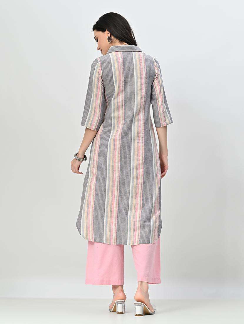 women stripes shirt collar kurta palazzo set - 21582201 -  Standard Image - 3