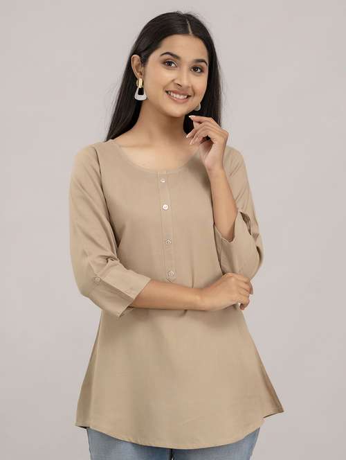 women solid three quarter sleeves a-line top - 21582233 -  Standard Image - 0