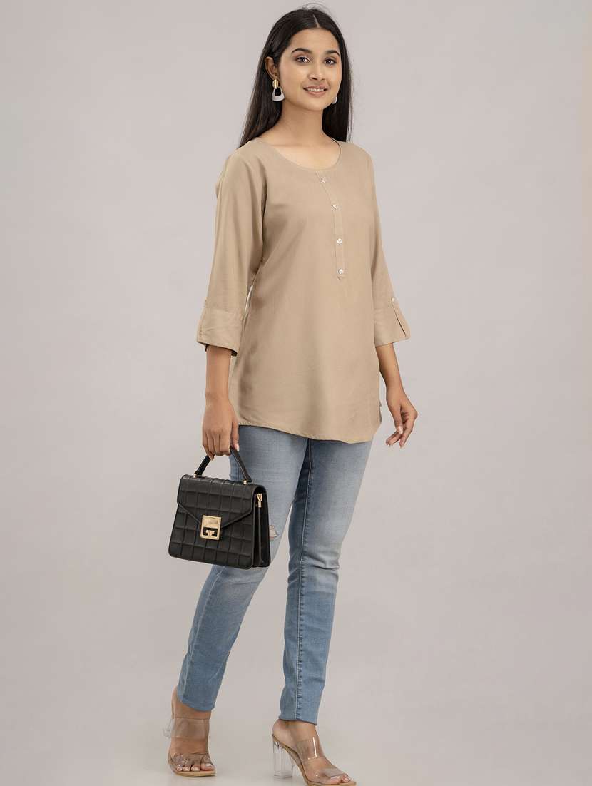 women solid three quarter sleeves a-line top - 21582233 - Standard Image - 3