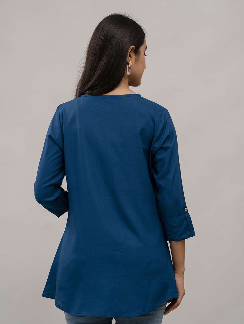 women solid three quarter sleeves a-line top - 21582236 -  Standard Image - 3