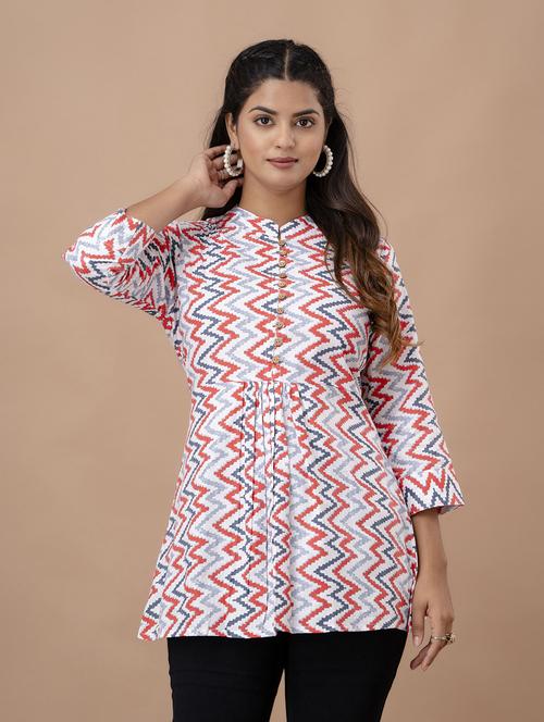 women three quarter sleeve printed a-line top - 21582245 - Standard Image - 0