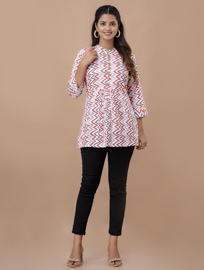 women three quarter sleeve printed a-line top - 21582245 - Standard Image - 3