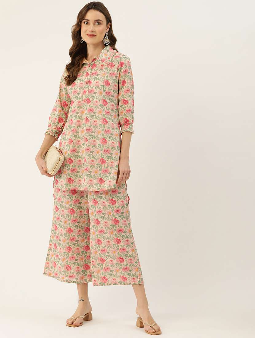 women peach floral printed top and palazzo co-ord set - 21582287 -  Zoom Image - 0