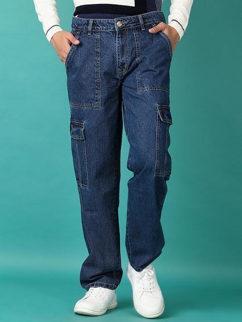men blue solid denim cargo - 21583015 -  Standard Image - 0