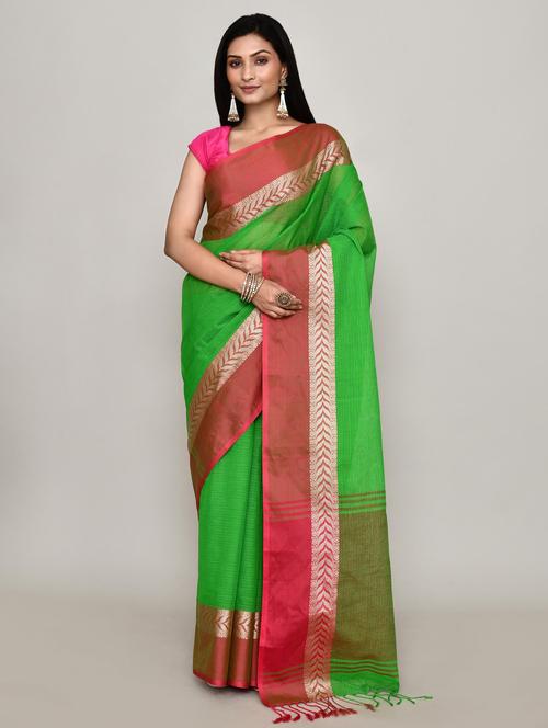 women solid with bordered handloom saree - 21583375 -  Standard Image - 0