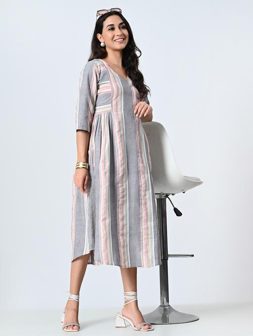 women grey three quarter sleeve a-line ethnic dress - 21583624 -  Standard Image - 0