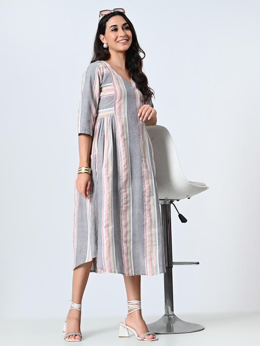 women grey three quarter sleeve a-line ethnic dress - 21583624 -  Zoom Image - 0