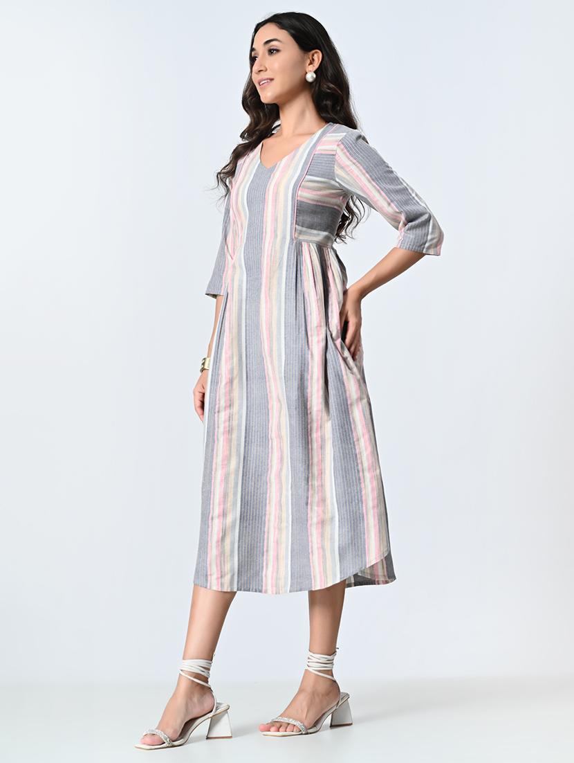 women grey three quarter sleeve a-line ethnic dress - 21583624 - Standard Image - 3