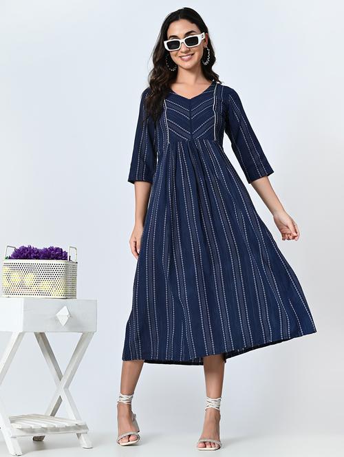 women navy blue three quarter sleeve a-line ethnic dress - 21583626 - Standard Image - 0