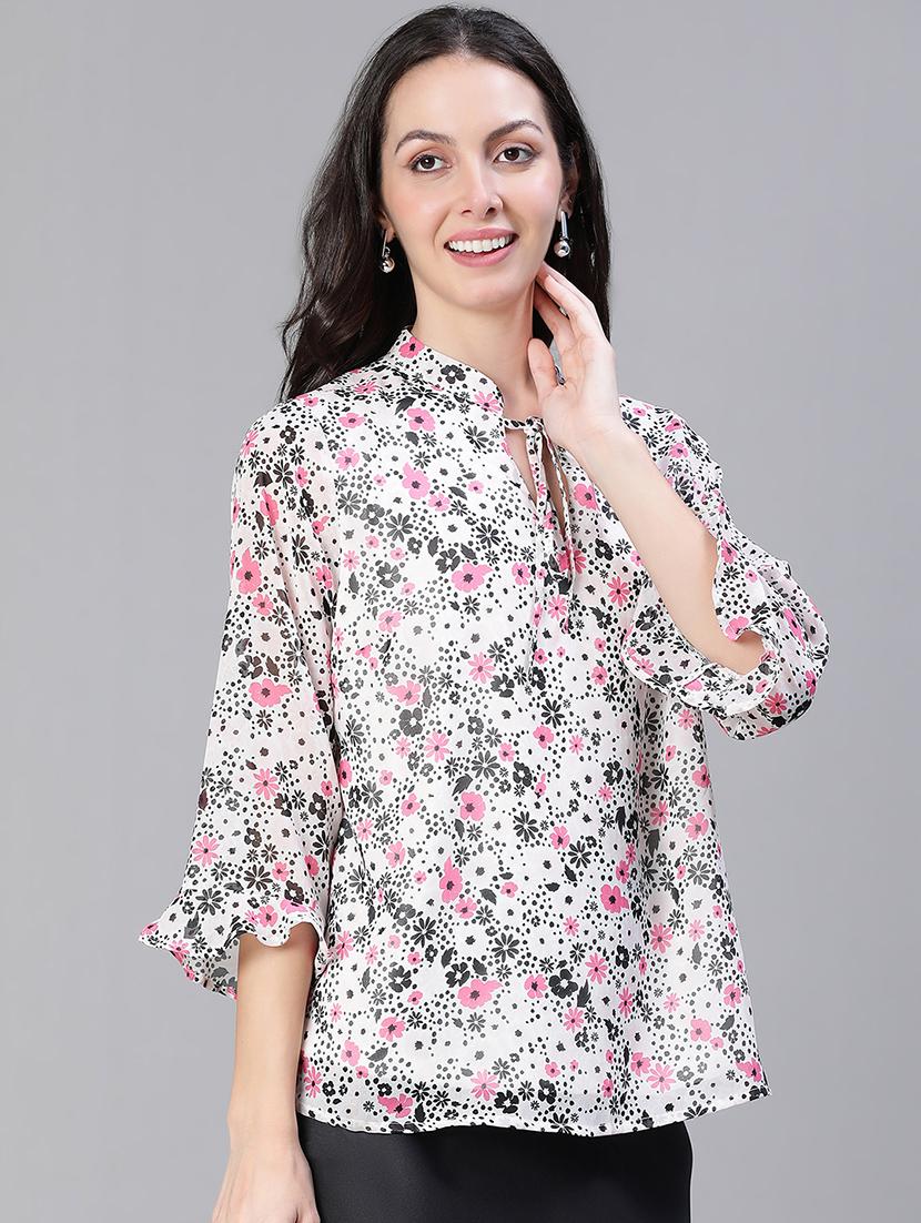 women printed tie up neck regular top - 21584923 -  Zoom Image - 0