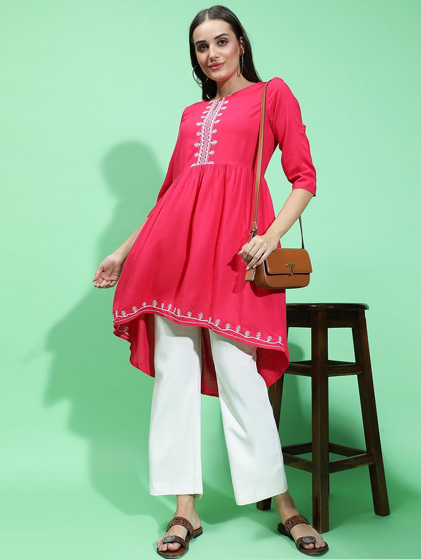 women embroidered three quarter sleeves high low kurta - 21584943 - Zoom Image - 0