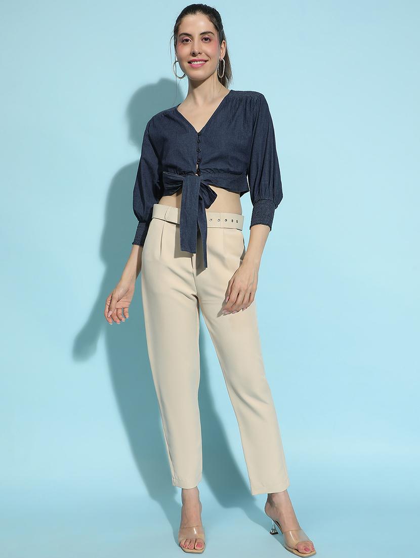 women solid three quarter sleeves crop top - 21584953 - Standard Image - 3