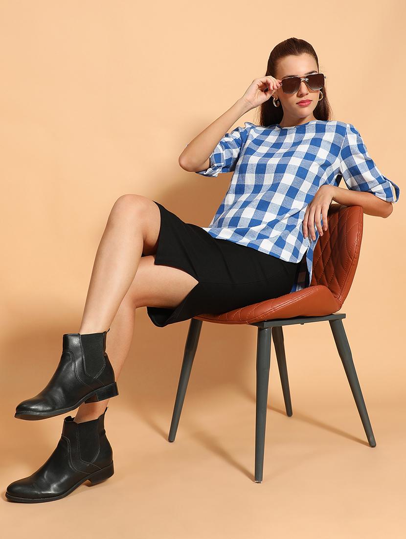 women checked printed round neck top - 21585014 - Standard Image - 3