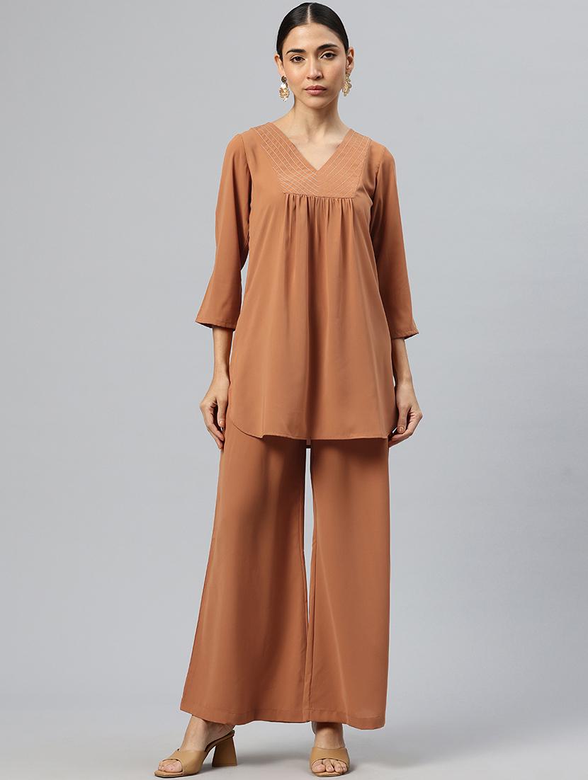 women solid ethnic co-ord set - 21586272 - Standard Image - 3
