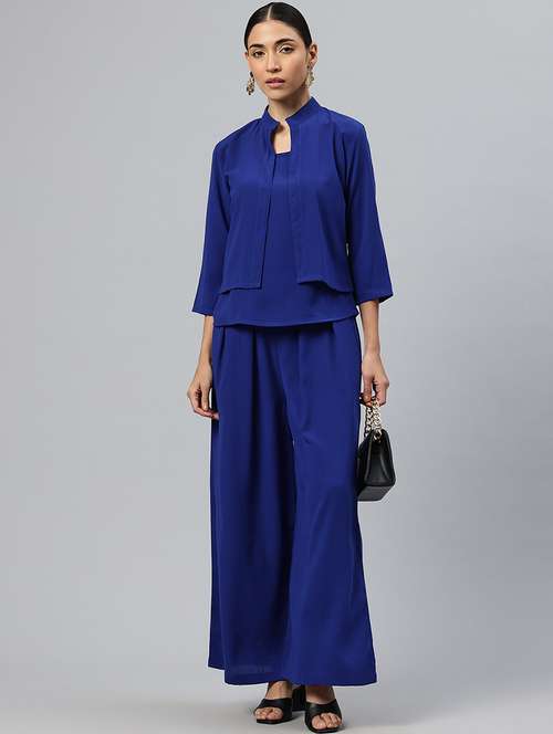 women solid three quarter sleeves jacket & trouser set - 21586277 -  Standard Image - 0