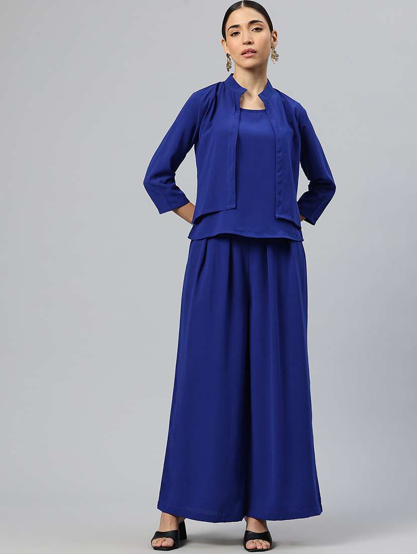 women solid three quarter sleeves jacket & trouser set - 21586277 -  Standard Image - 3