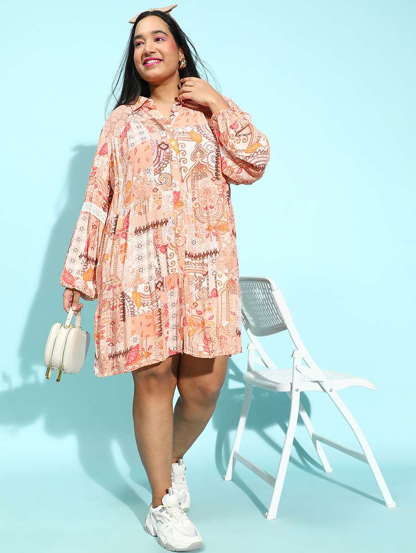 women printed long sleeves plus size shirt dress - 21586514 -  Standard Image - 3