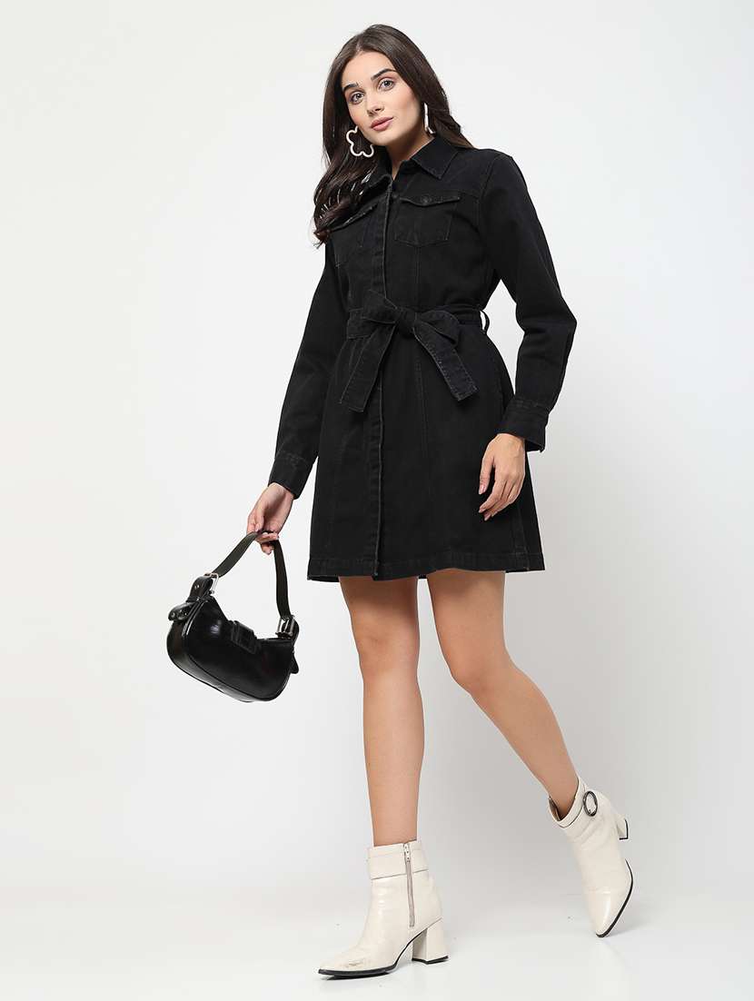 women solid collared belted denim dress