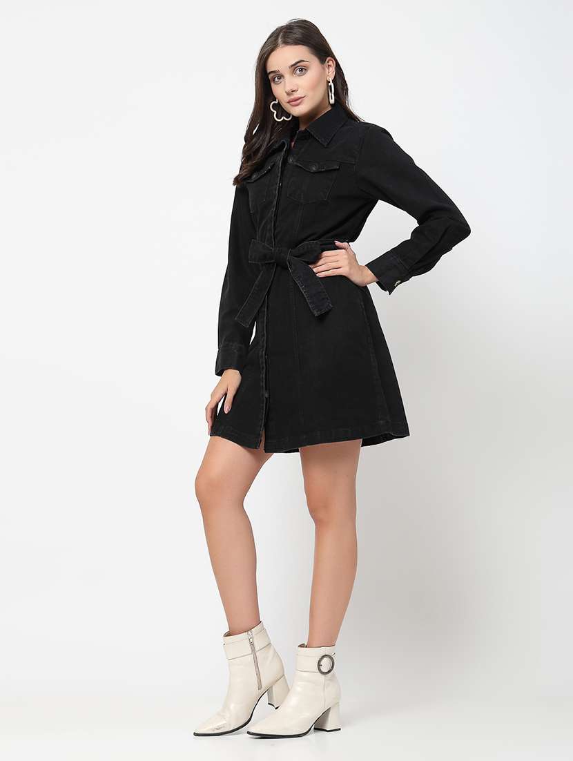 women solid collared belted denim dress - 21586539 -  Standard Image - 3