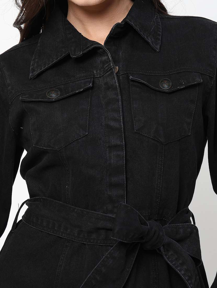 women solid collared belted denim dress - 21586539 -  Standard Image - 5