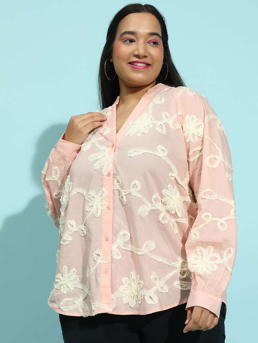 women solid detailed long sleeves plus size shirt