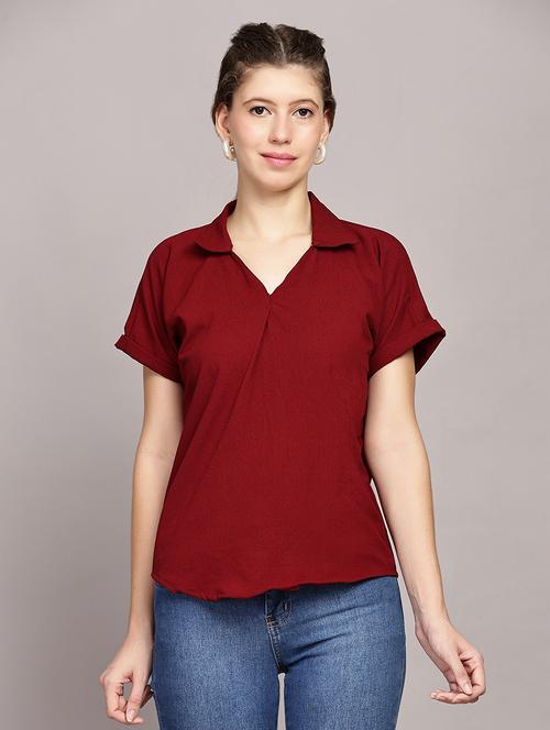 women solid collared short sleeves top - 21591946 - Standard Image - 0