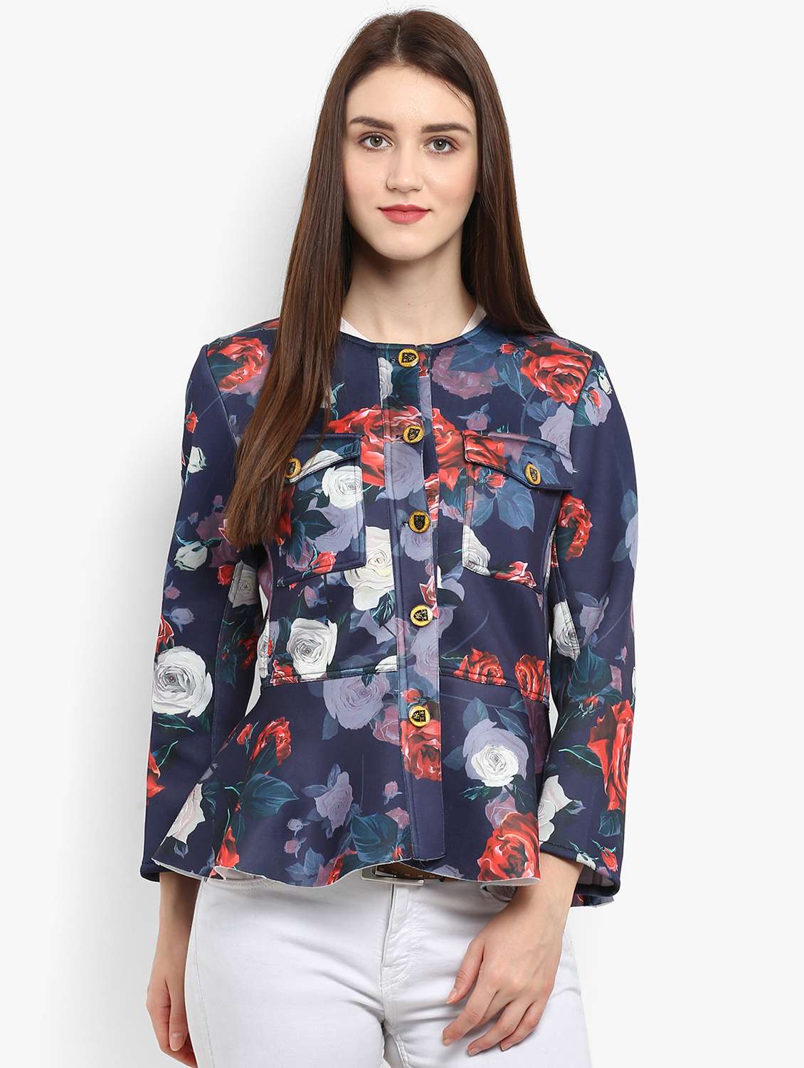 women navy blue printed casual blazer
