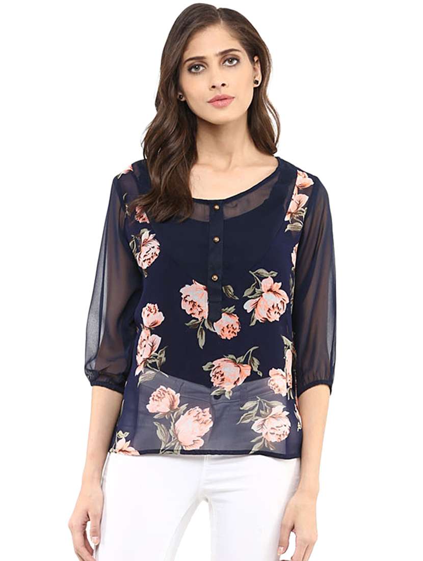 women navy blue floral printed regular top