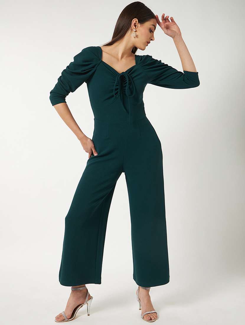 women green solid full leg jumpsuit